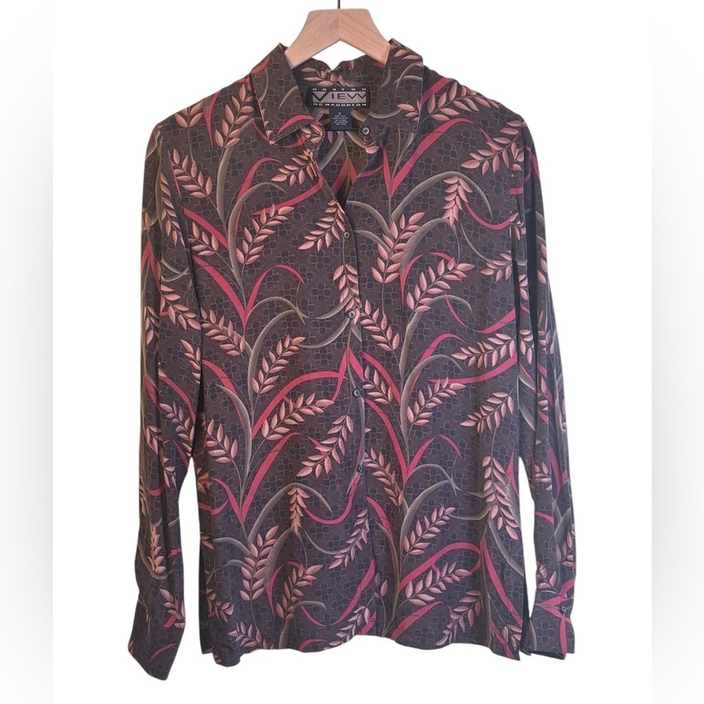 Vintage Norton McNaughton 100% Silk Leaf Print Button-Up Shirt Blouse Small